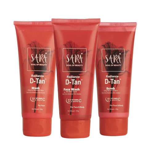 Sara Radiance D-TAN® Anti-Blemish Combo Set Mask, Face Wash, Scrub | De-Tan for Men and Women | 3x100g
